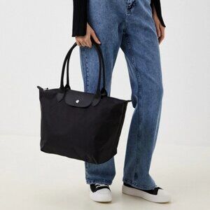 Longchamp Le Pliage Large Nylon Tote Bag Black Leather Trim Shoulder Purse